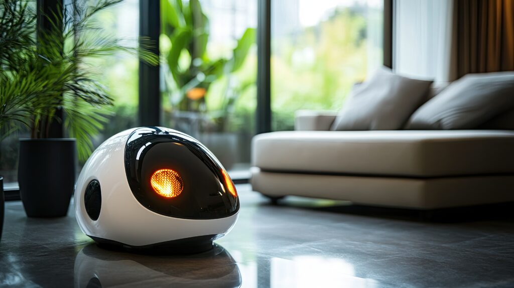 A high-tech robotic pet sitting in a modern home, glowing lights on its sleek frame. A high-tech robotic pet sitting in a modern home, glowing lights on its sleek frame.