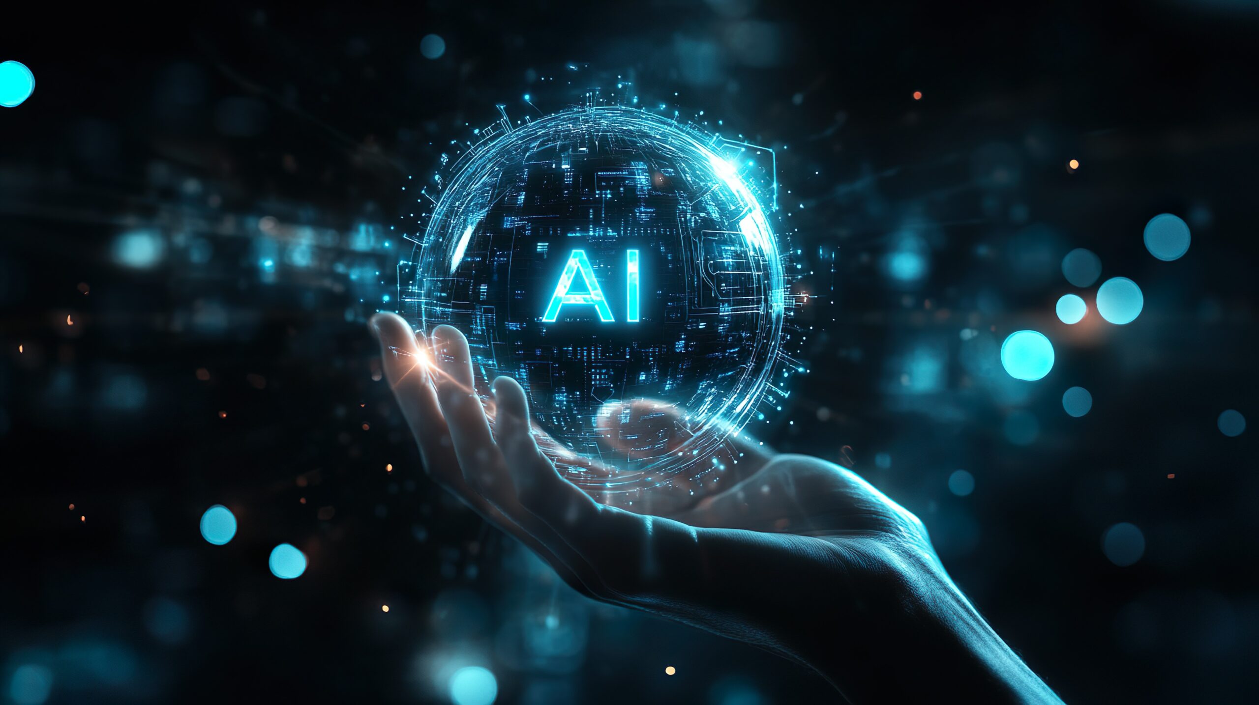 A close-up of a hand gently holding a glowing sphere with the letters AI prominently displayed in the center. The sphere emits a bright blue light, symbolizing the power and potential of artificial intelligence. This image conveys a futuristic vision of AI technology being carefully controlled and harnessed by human innovation.