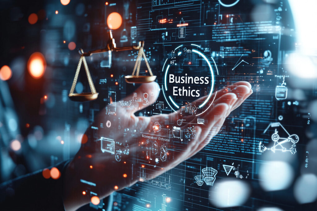 Exploring AI and business ethics through digital visuals unveiling insights on responsible practices in technology.