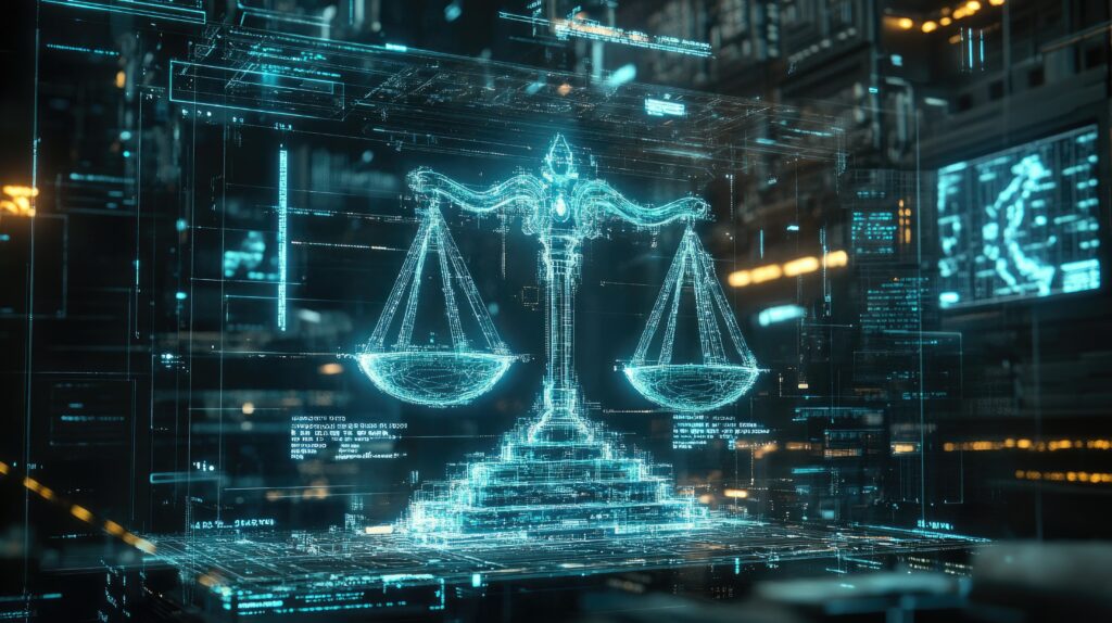 A digital rendering of the scales of justice, symbolizing the intersection of law and technology in the digital age.
