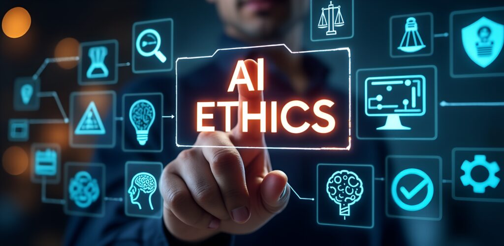 AI ethics or AI Law concept. Developing AI codes of ethics. Compliance, regulation, standard , business policy and responsibility for guarding against unintended bias in machine learning algorithms.